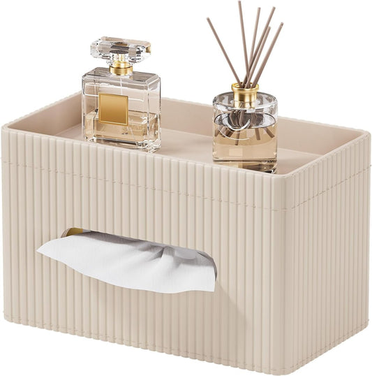 KINGFOM Ribbed PU Leather Tissue Box Cover with Storage Tray, Rectangular Facial Tissue Holder for Bathroom Vanity, Nightstand & Office Desk, Modern Decorative Tissue Dispenser (Warm Beige)