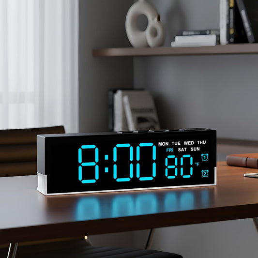 45MinST 7-Inch LED Digital Alarm Clock with Bottom Glow Light｜Displays Time, Date, Day, Temperature｜Dual Alarms, DST, Auto/Manual 3-Level Brightness, Battery or USB Powered Desk Clock,Blue