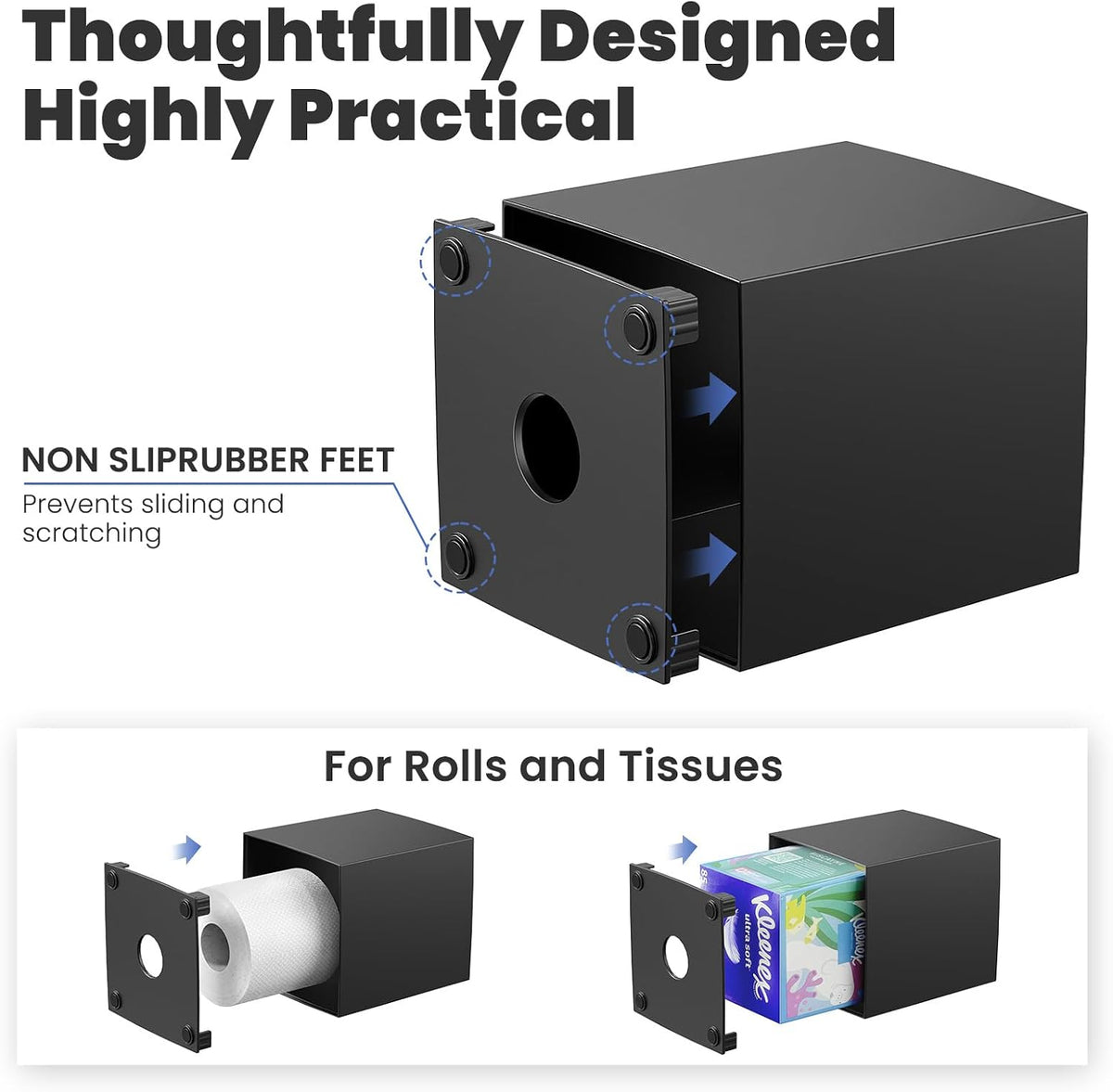 Tissue Box Cover, Square Plastic Tissue Holder with Non-Slip Base, Black
