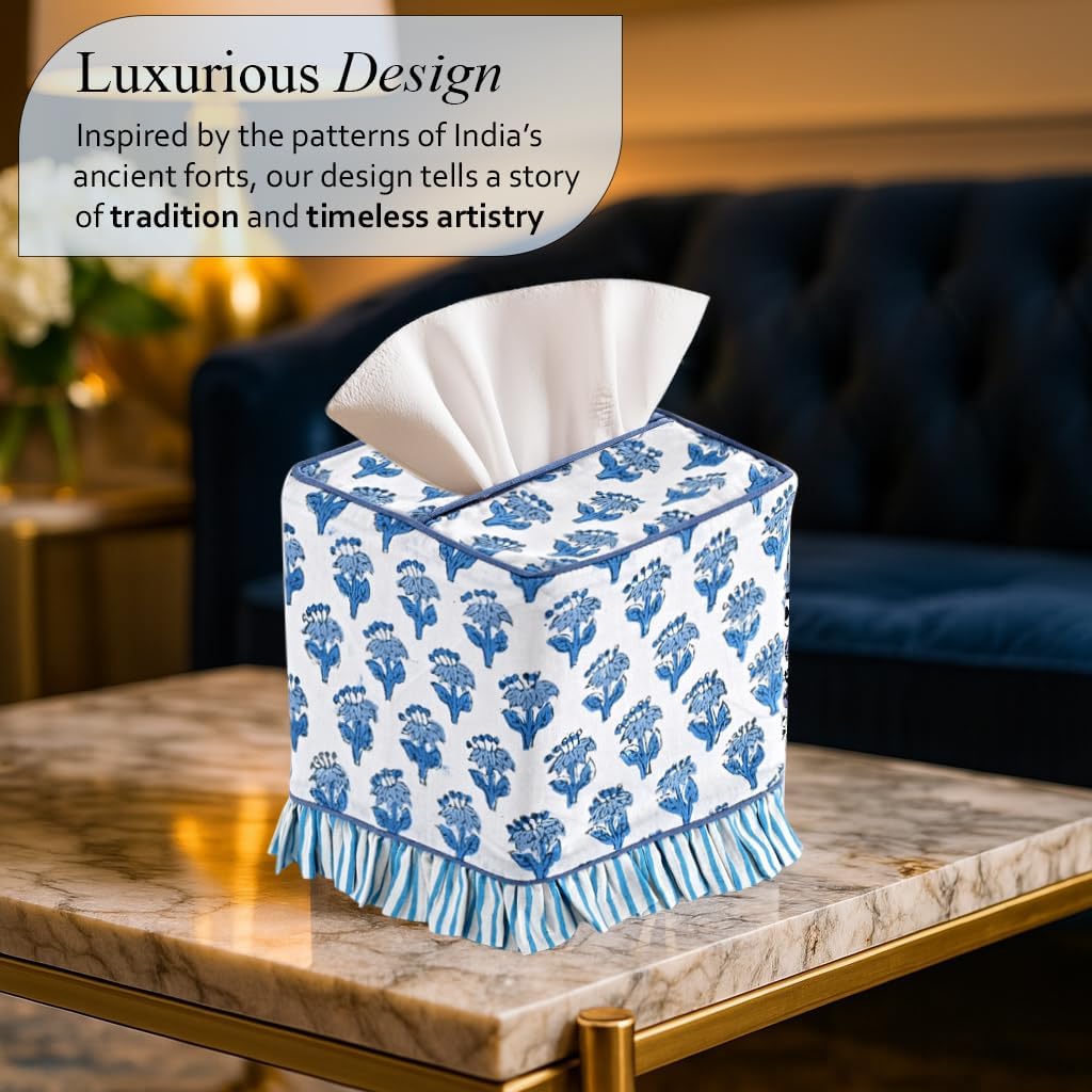 CPC Apatite Blue Hand Block Print Cotton Square Ruffle Tissue Box Cover