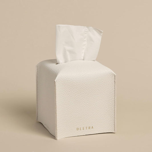 OLETHA Square Tissue Box Cover, Aesthetic Desk Decor, White