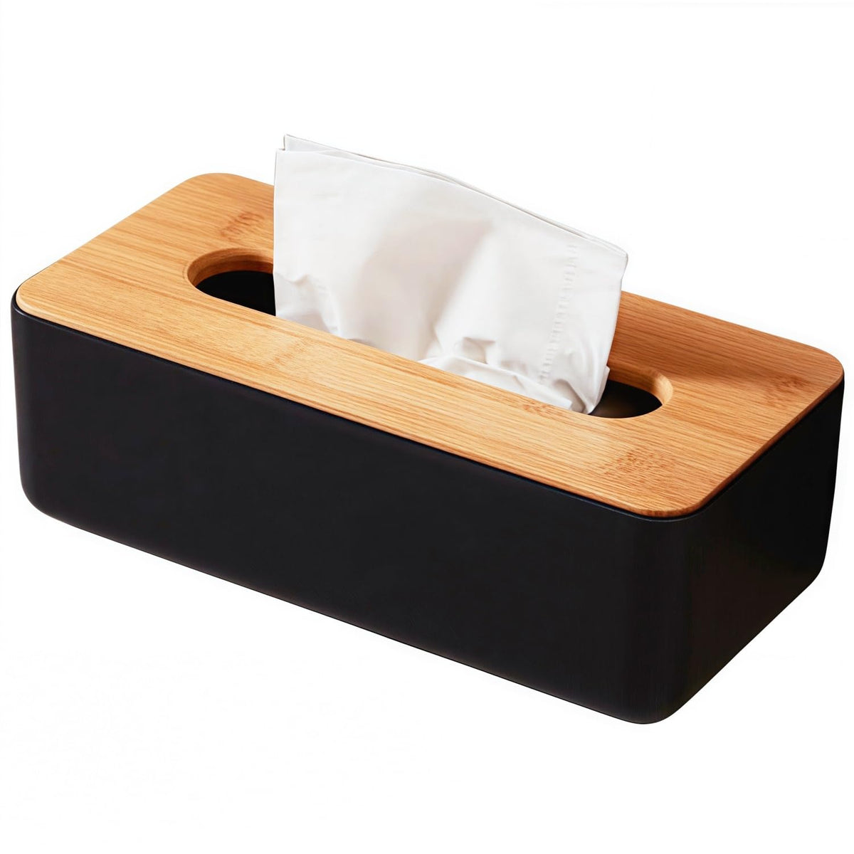 Tissue Box with Bamboo Cover, Plastic Tissue Organizer, Bathroom Tissue Dispenser for Home, Bedroom, Office, Living Room, 8.1 × 4.5 × 3.1 in (White)