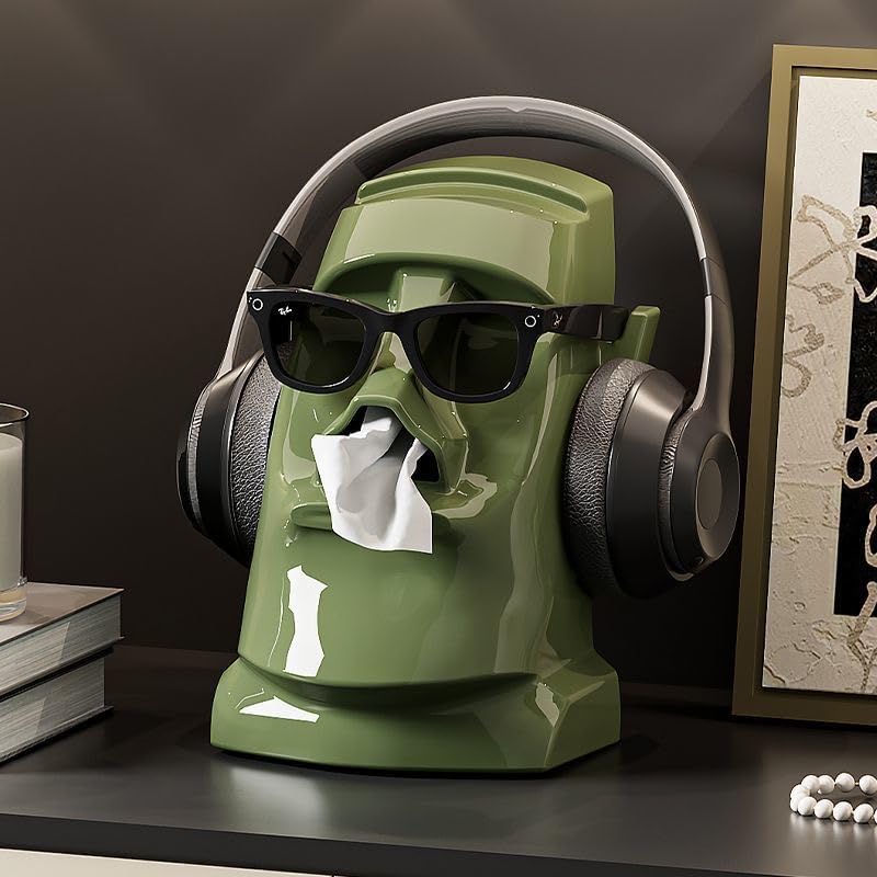 Creative Moai Tissue Box Holder with Headphone Holder, Suitable for Living Room, Bedroom and Other Desktop Storage Boxes, Green,Cream White, Black. (Medieval Green)