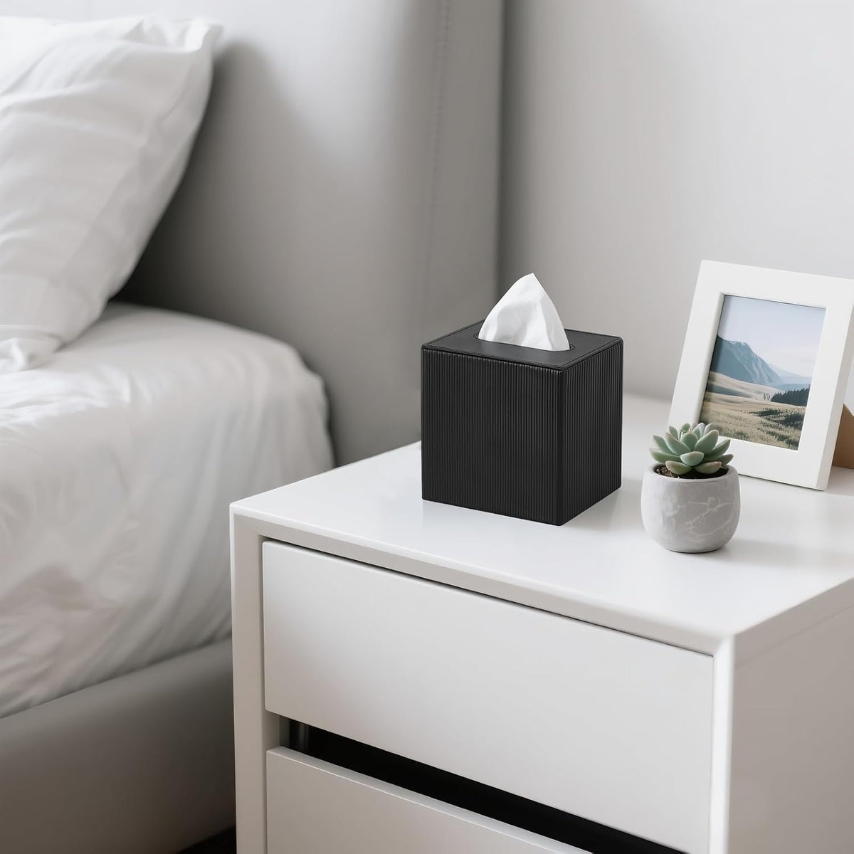 Mkono Tissue Box Cover, PU Leather Square Holder with Bottom, Black