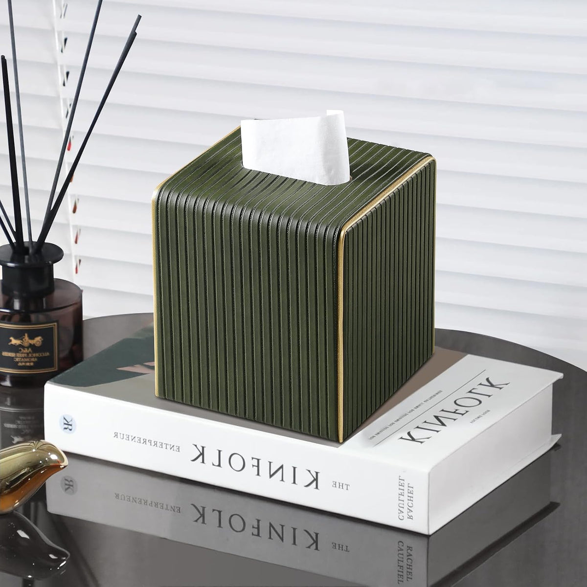 PU Leather Tissue Box Cover, Square Tissue Holder (Olive Green)