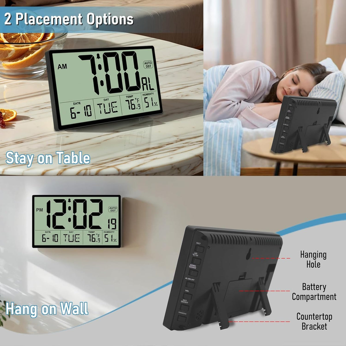 9‘’ Narrow Bezels Battery Operated Digital Wall Clock with Temp & Humidity