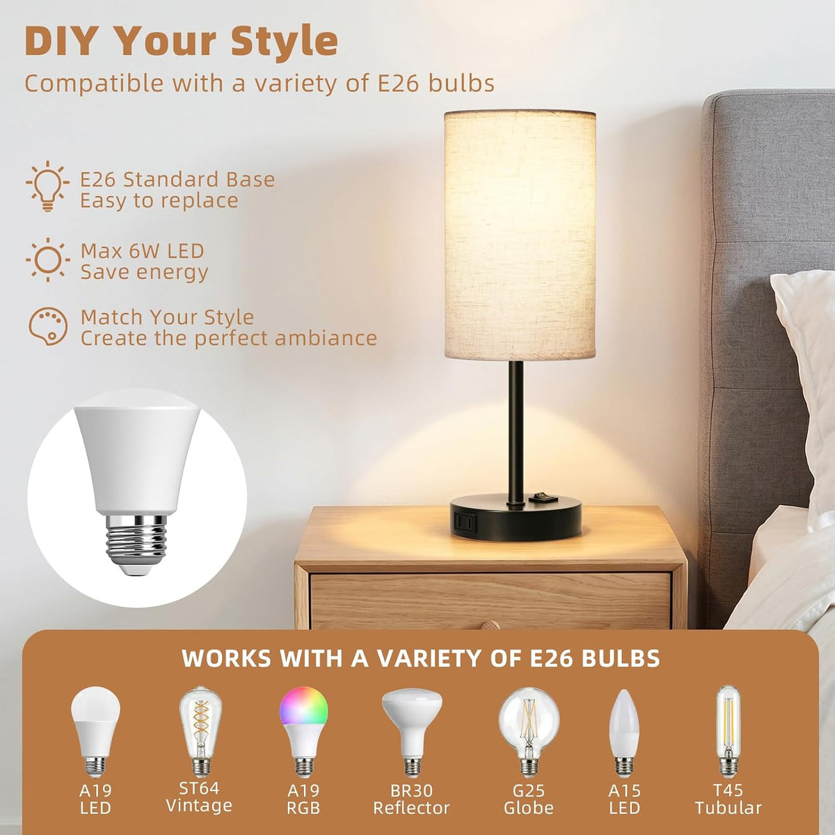 ZJOJO Table Lamp Set of 2, 13.8" Bedside Small Lamp for Bedroom Nightstand