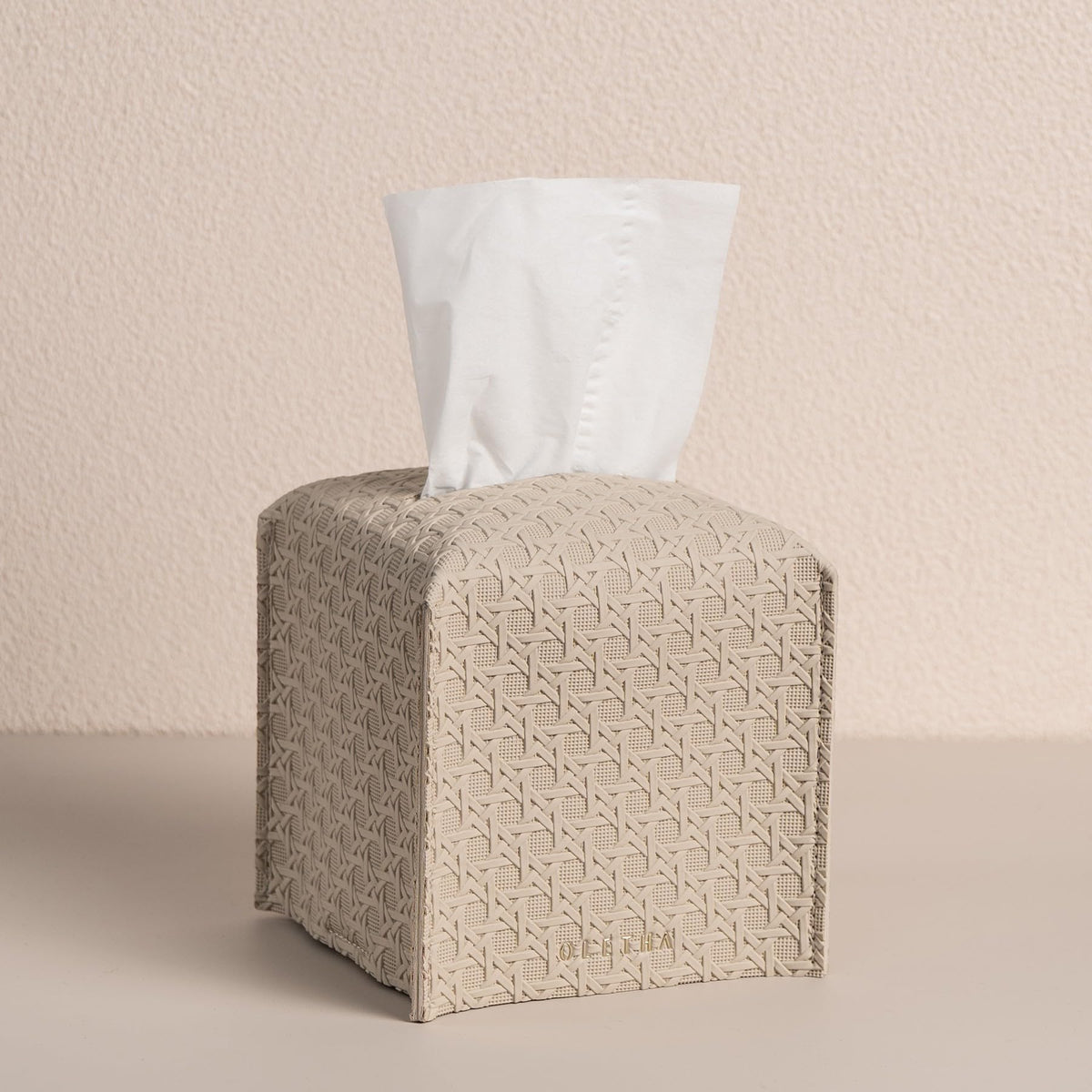 OLETHA Square Tissue Box Cover, Aesthetic Desk Decor, Light Taupe