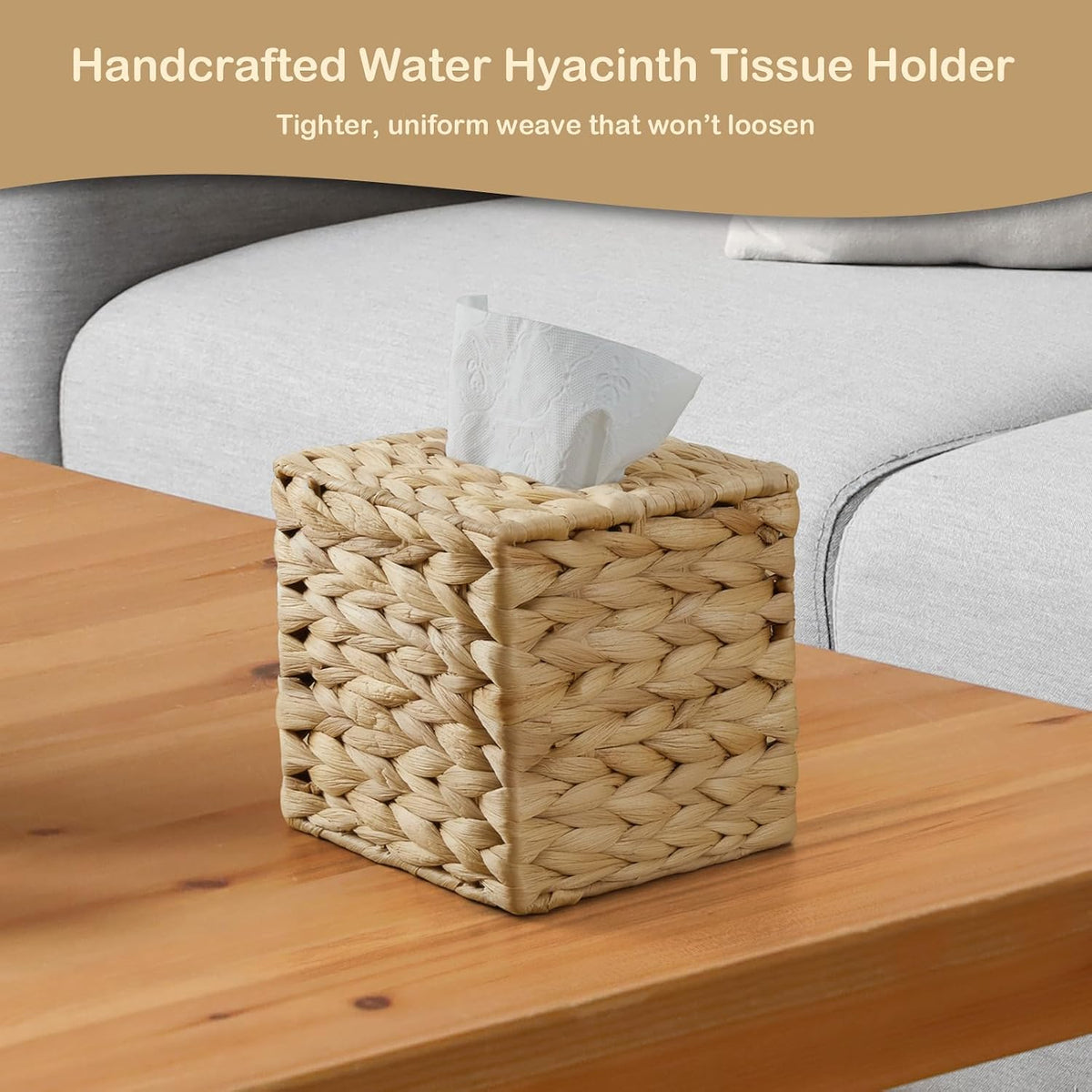 Tissue Box Cover Square, Water Hyacinth Hand-Woven Tissues Cube Box Holder, Woven Facial Tissue Holder for Bathroom Counter, Vanity, Bedroom, Office, Natural Boho Decorative