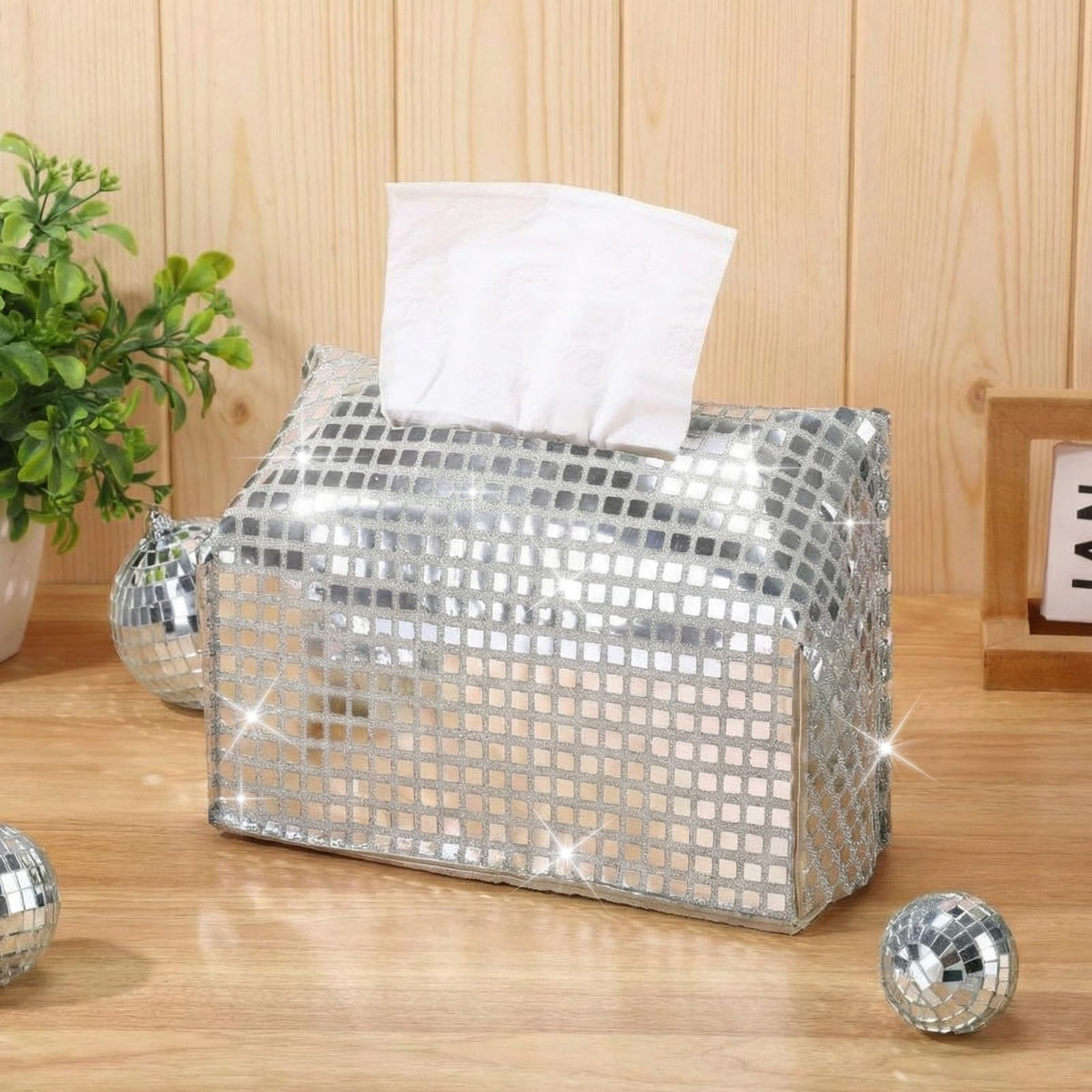 CroBlissful 1 Pc Silver Disco Ball Tissue Box Cover, Small