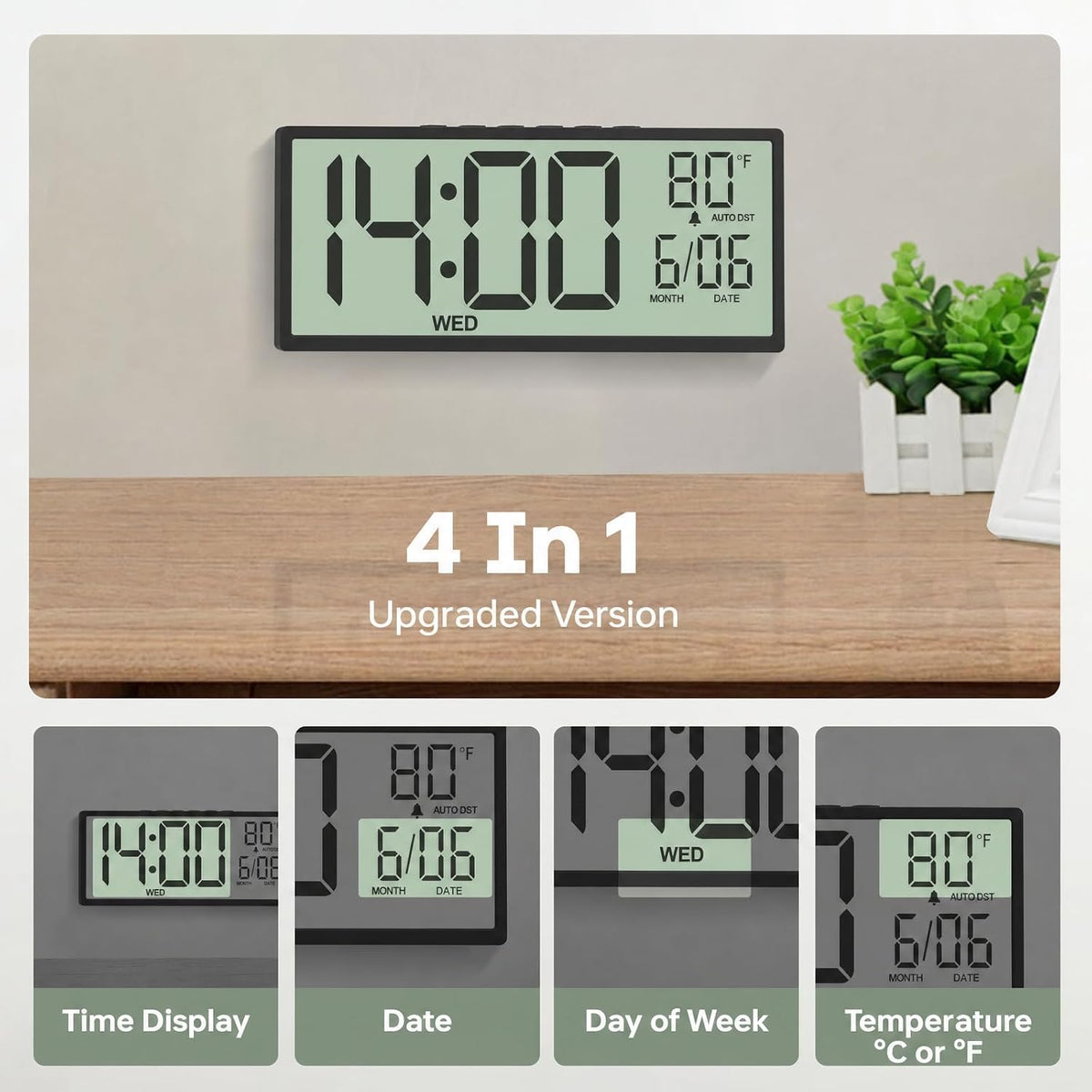 JALL Large Digital Wall Clock Battery Operated, Wall Clock with Big Numbers LCD Display, Digital Clock with Date Day Temperature, Alarm, Auto DST, Clocks for Classroom, Office, Bedroom, Elderly- Black