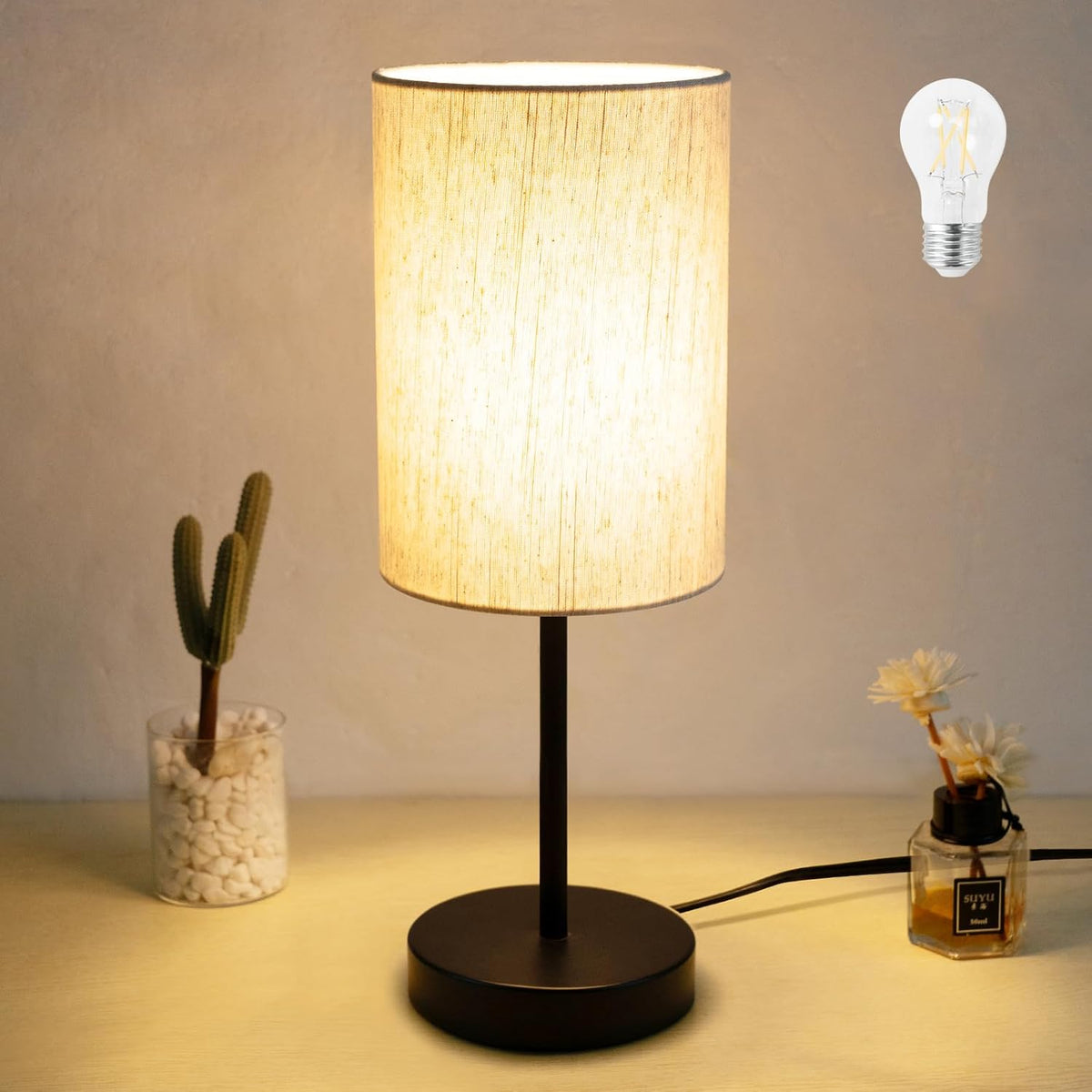 RISLG Small Table Lamp, Bedside Table Lamp for Bedroom, Lamp for Nightstand with Linen Fabric Shade, Minimalist Modern Desk Lamp for Living Room Office Dorm Kids Room