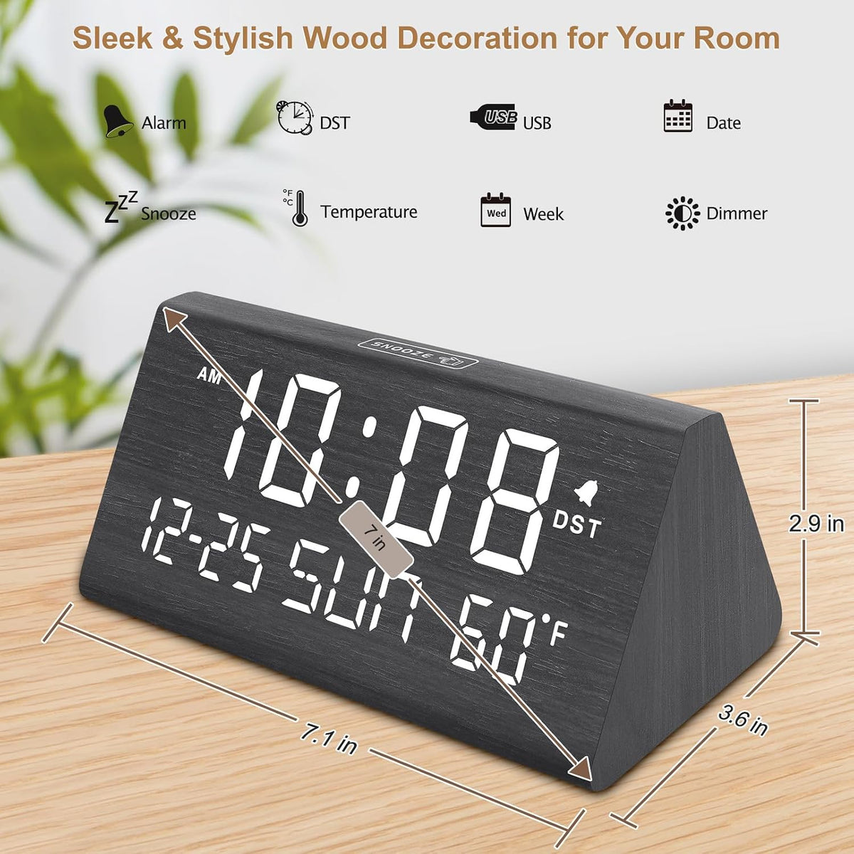 DreamSky Digital Alarm Clock for Bedrooms - Wooden Desk Clock with Date