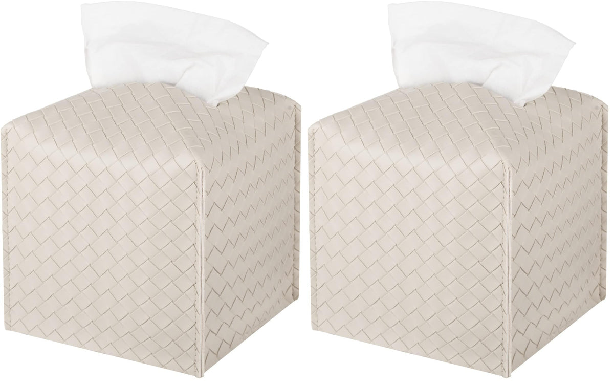 Tissue Box Cover PU Leather Tissue Holder Square Facial Tissue Case Facial Paper Organizer Dispenser for Bathroom, Vanity Countertop, Tabletop, Car, Rectangle, Griege