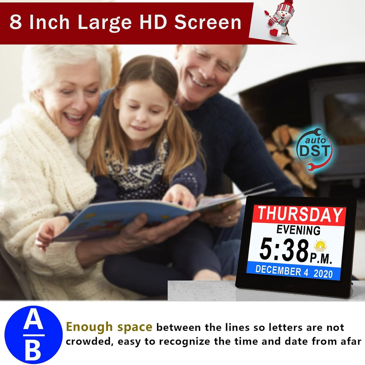 Véfaîî 19 Alarms Dementia Clock 8 Inch Large Display, Auto DST, 10 Levels Auto Dimmable, Non-Abbreviated Date and Day Calendar Clock for Seniors, with Power Adaptor, Picture Frame Feature