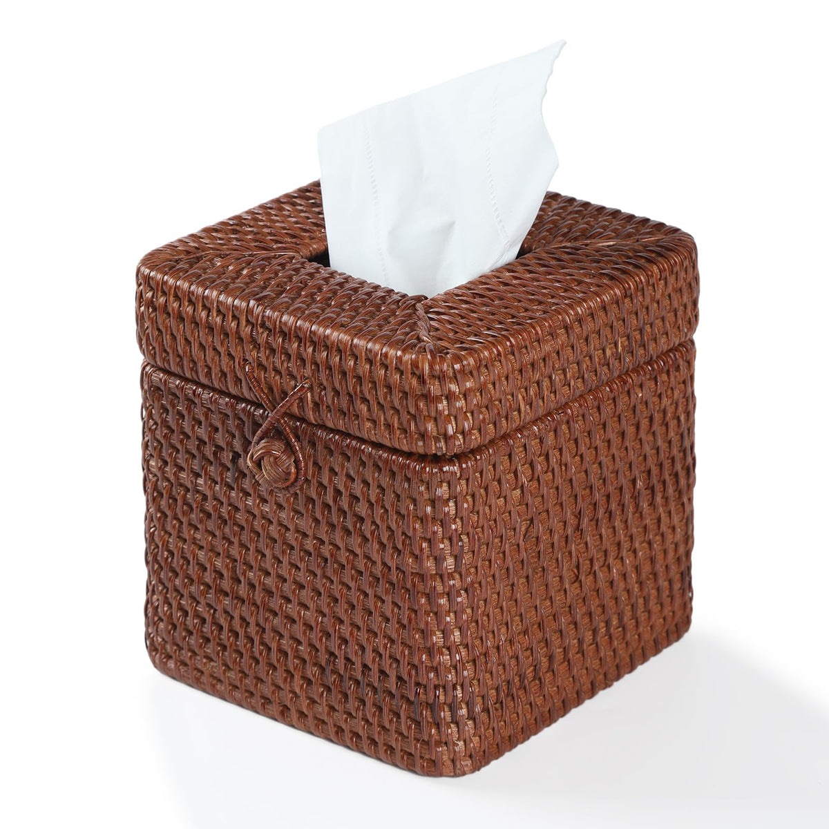 Rattan Square Tissue Box Cover, 5.7" x 5.7" x 5", Decorative Woven Facial Tissue Holder with Hinged Top Lid, Natural Color