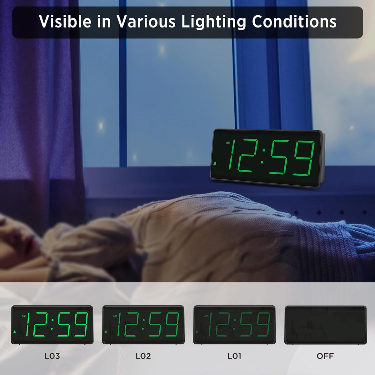 Peakeep Battery Operated Digital Alarm Clock for Bedrooms Big Numbers