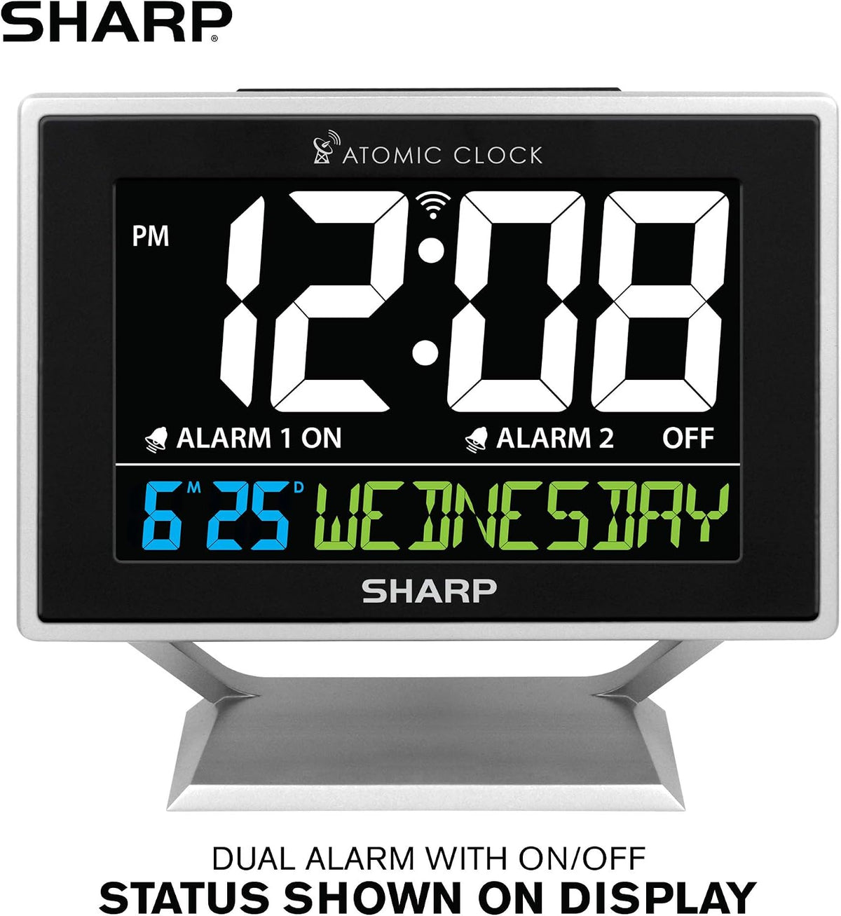 Sharp Atomic Alarm Clock, Auto Set, Color Display, Dual Alarm, Calendar