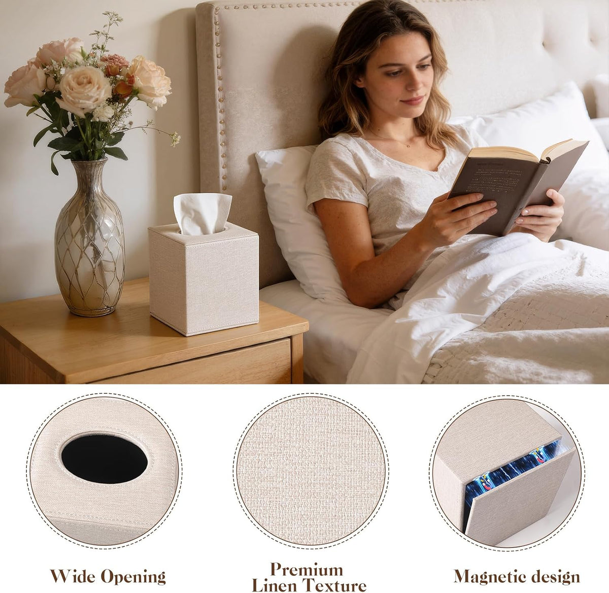 VZZNN 4 Pack Tissue Box Cover Square - Modern Cube Tissue Holder with Magnetic Base, Decorative Tissue Organizer for Bathroom Vanity, Dresser, Countertop, Bedroom, Office, and Car, Beige