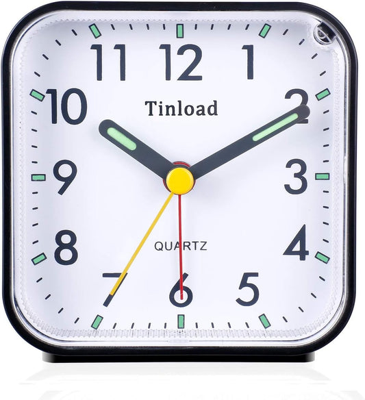 Tinload Small Battery Operated Analog Travel Alarm Clock Silent Non Ticking, Gentle Wake, Ascending Beep Sounds, Snooze,Lighted on Demand, Easy Set(Black)