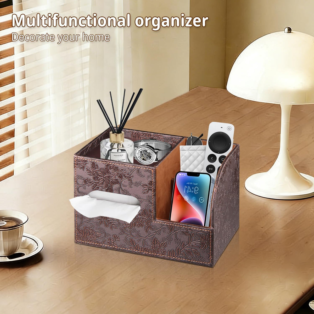 PU Leather Square Tissue Box Cover with Storage Tray,Cube Tissue Box Holder