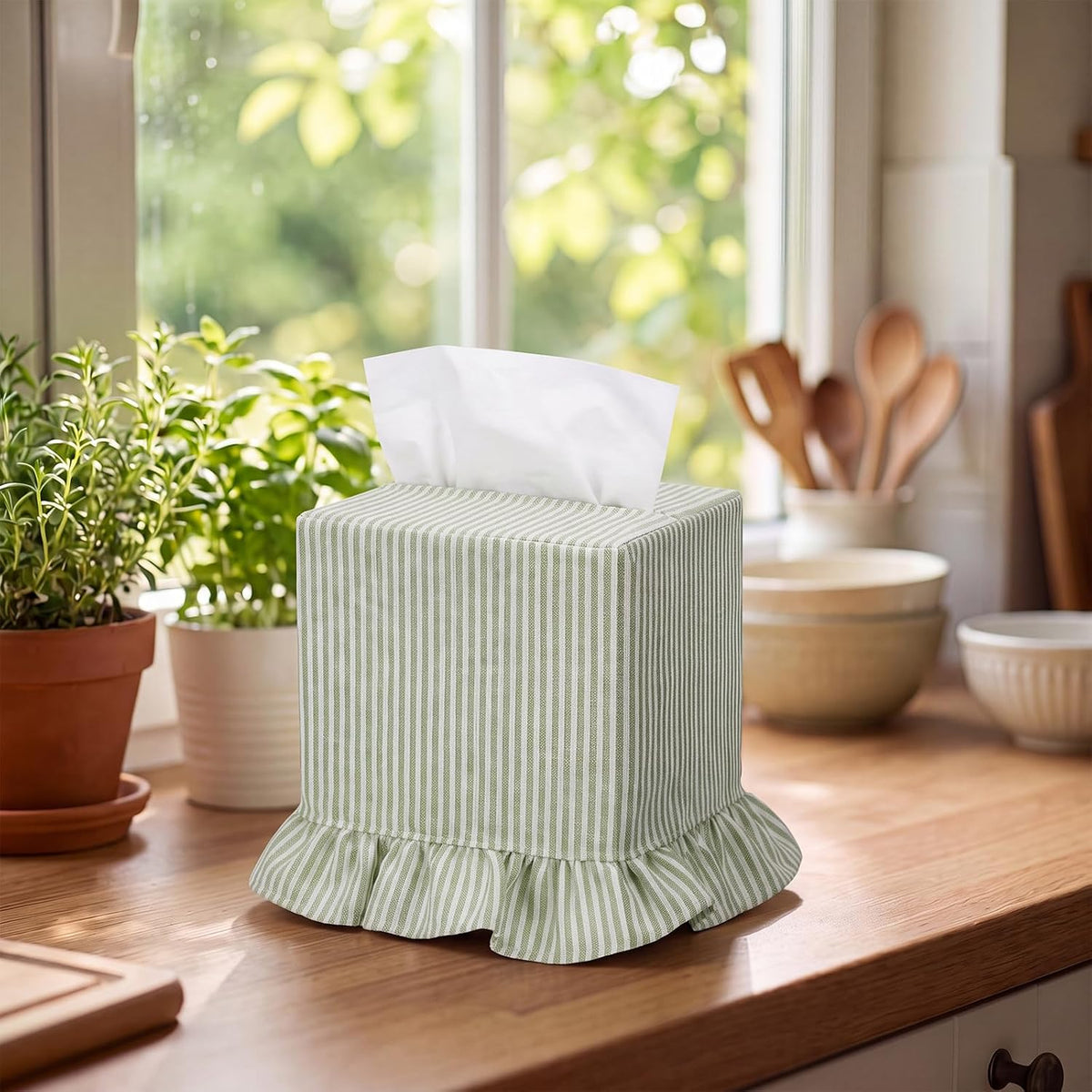 Sawysine Green Striped Fabric Tissue Box Cover, Square Ruffled Farmhouse