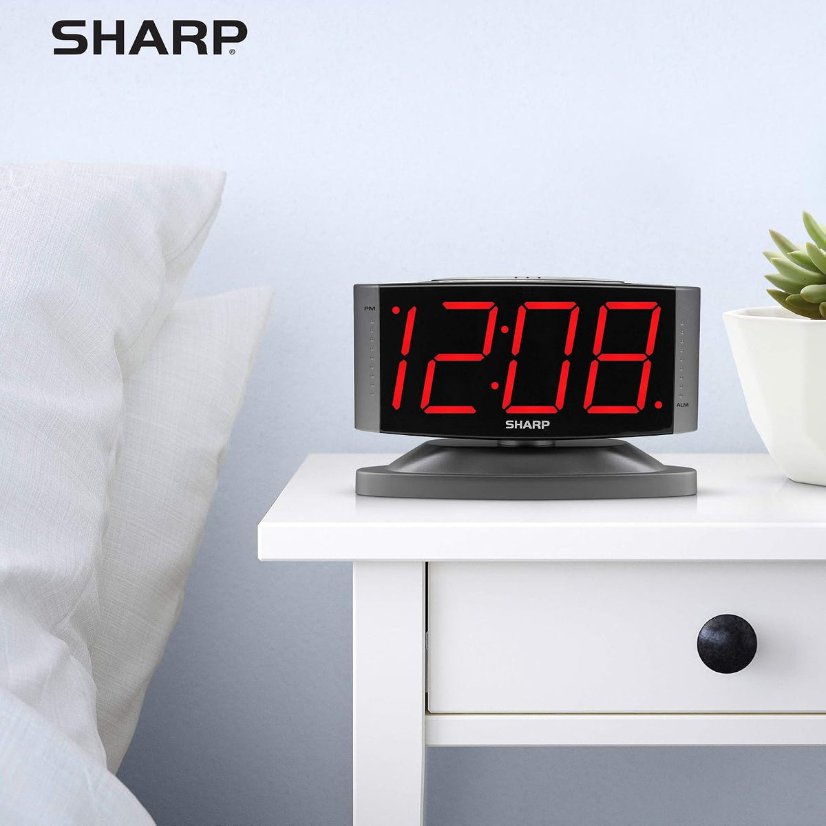 Sharp Outlet-Powered Alarm Clock with Swivel Base, Red LED, Gunmetal Grey