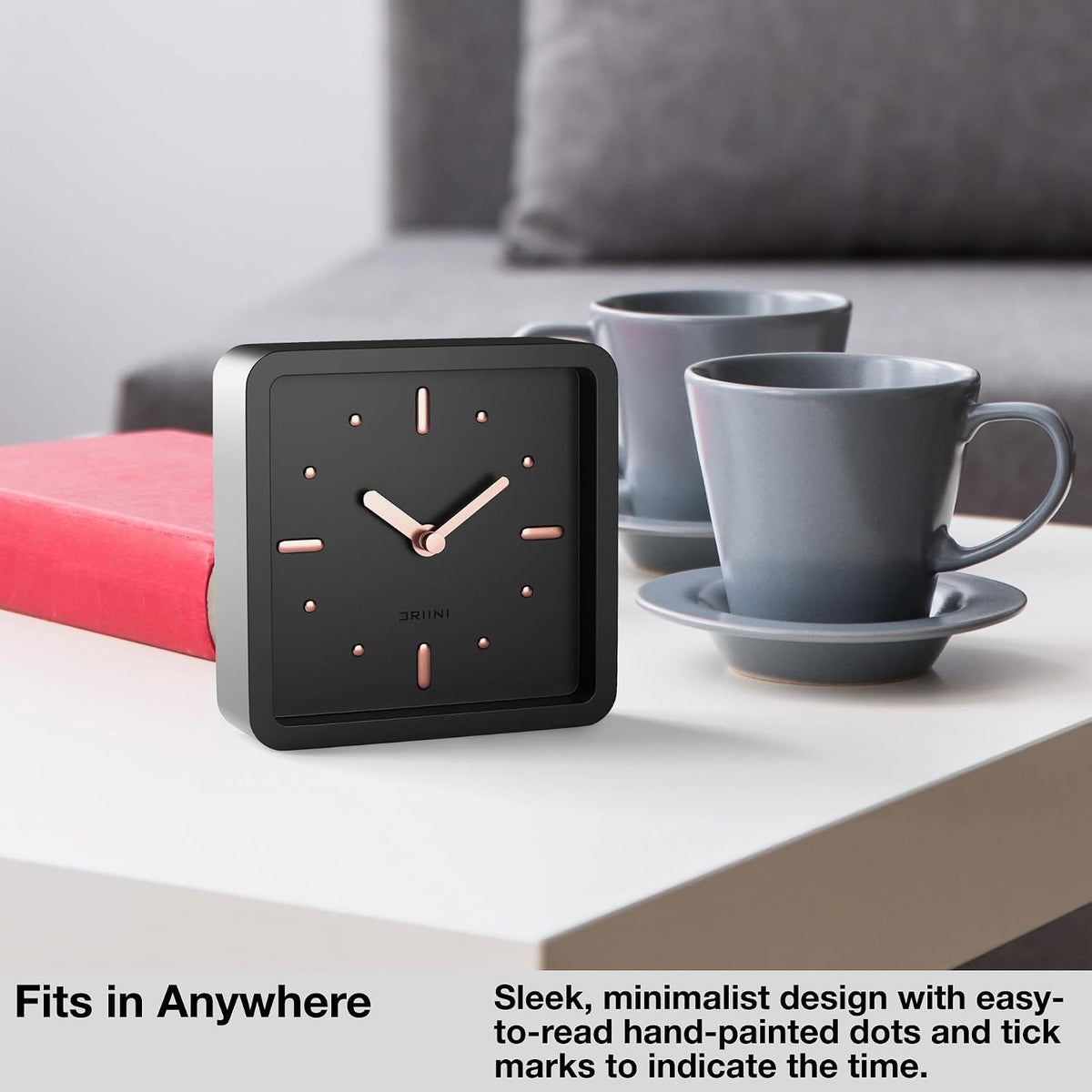 Driini Small Square Modern Desk Clock – Silent Analog, Black and Rose Gold