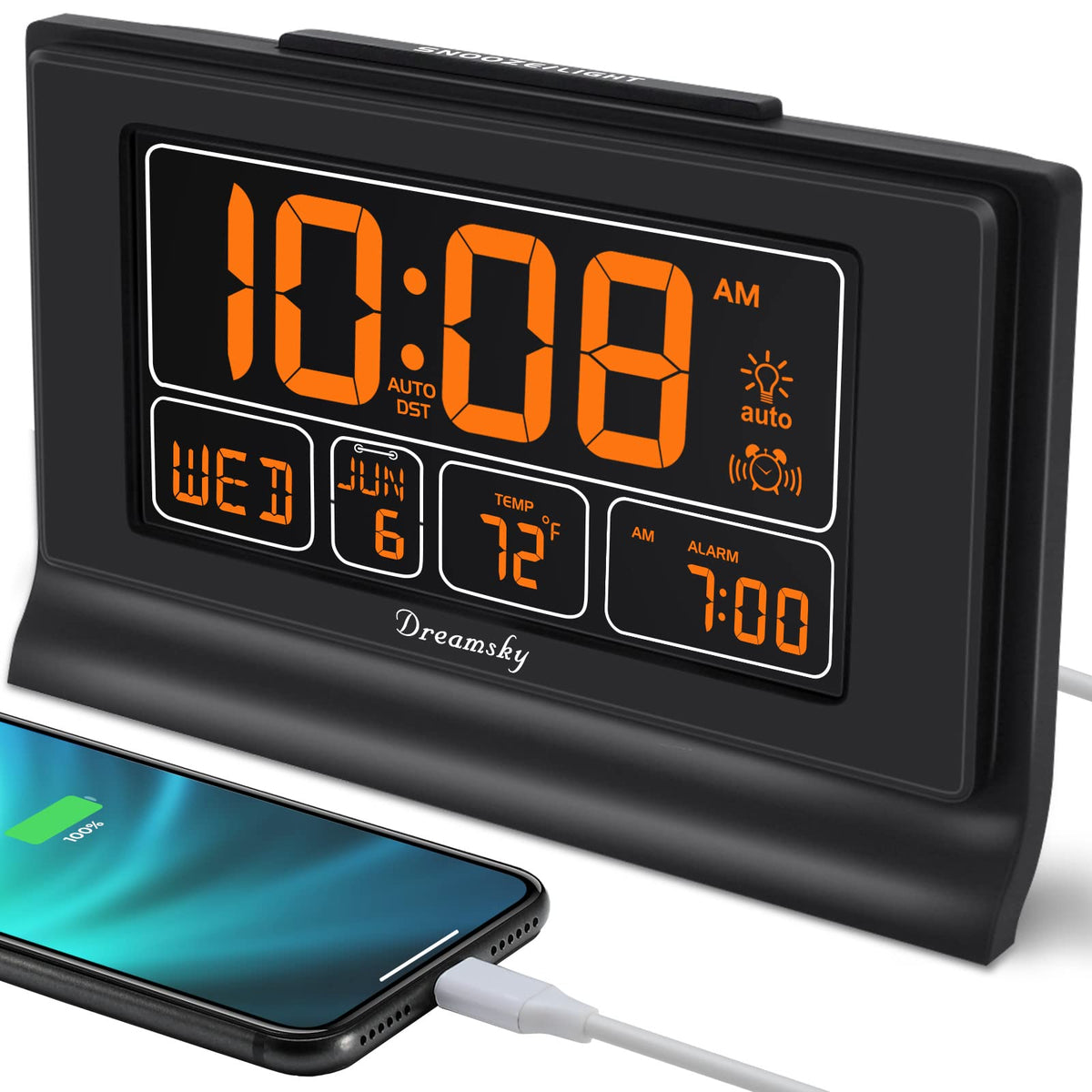 DreamSky Alarm Clocks for Bedrooms with Battery Backup, Auto Set