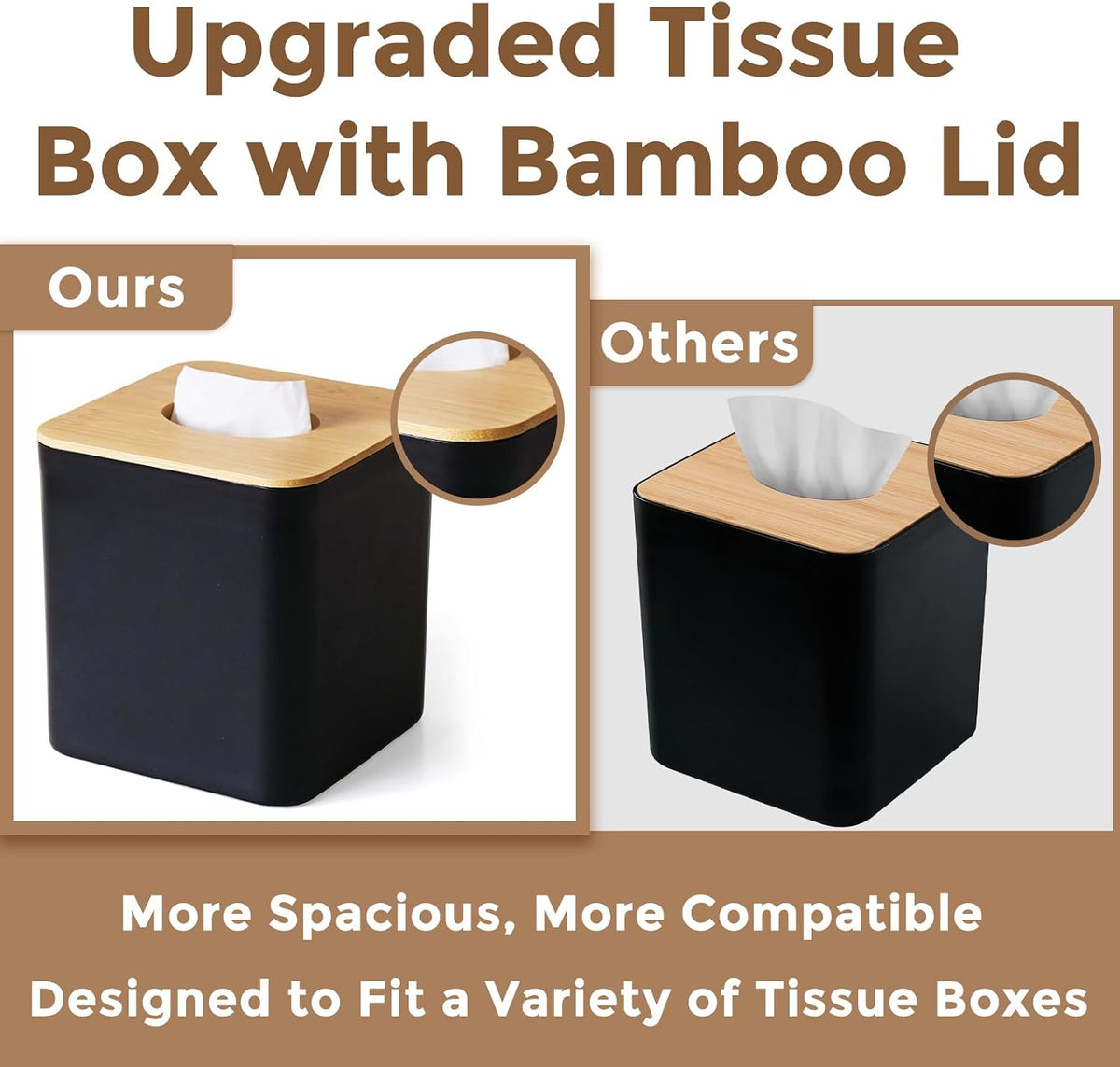 Tissue Box Cover Square, Modern Black Facial Tissue Holder with Bamboo Lid