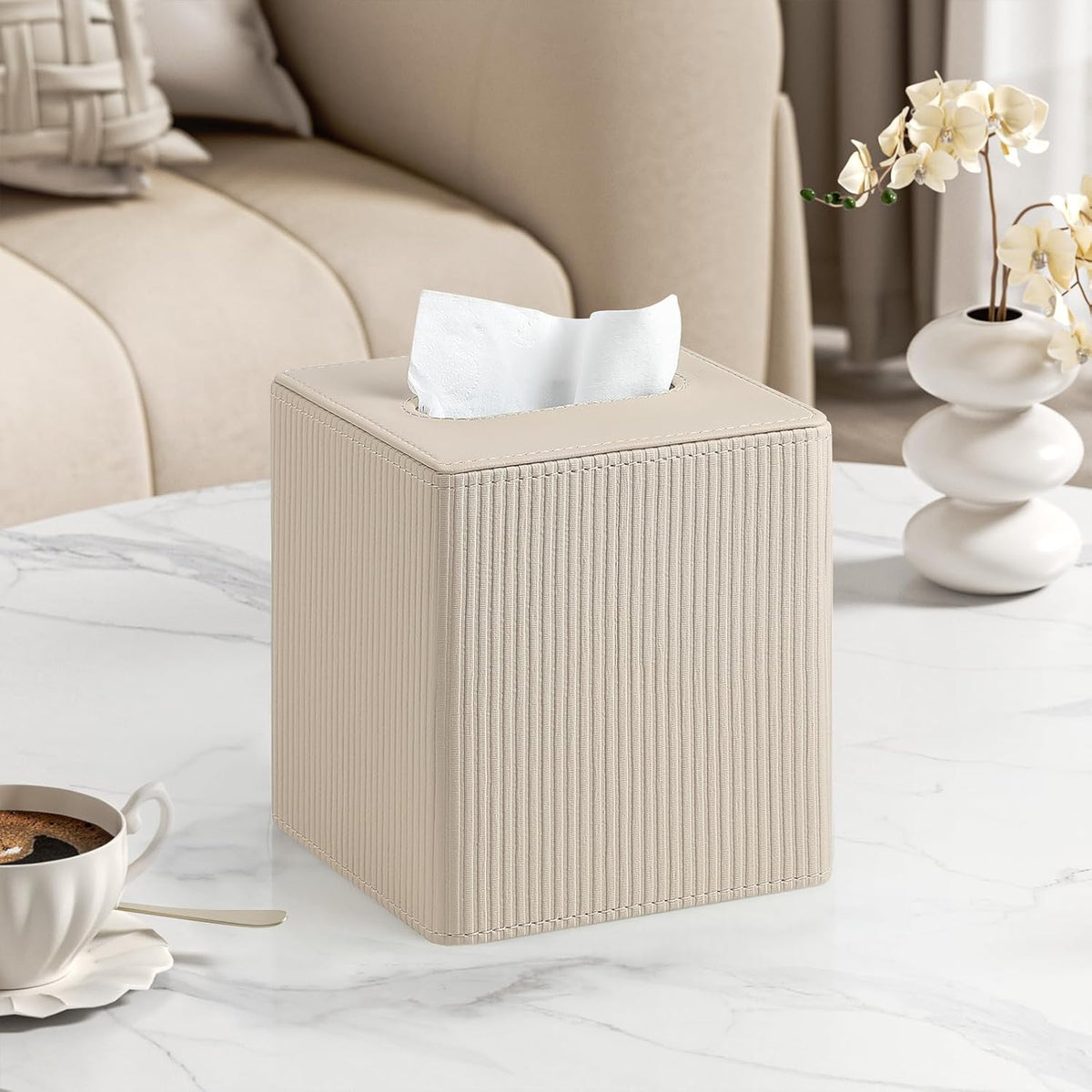 PU Leather Square Tissue Box Cover Tissue Box Holder Cube (Beige)