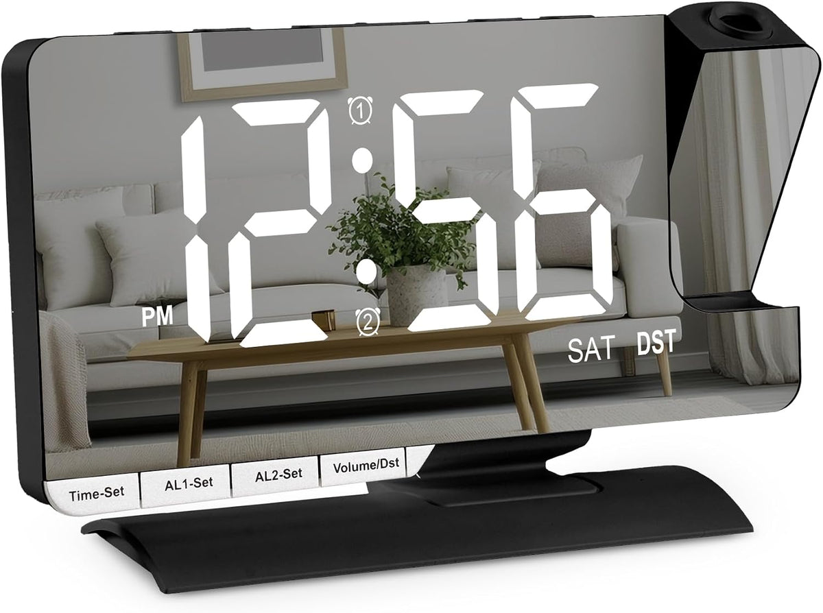 Amgico Projection Alarm Clock,Digital Clock with Projection,7.3" Mirror Clock with 180°Rotating Projector,Dual Alarm with 3 Mode,Bright Adjust,DST,Snooze,Charging Port,5 Levels Volume for Desk Teens