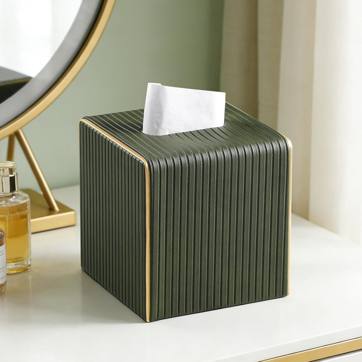 PU Leather Tissue Box Cover, Square Tissue Holder (Olive Green)