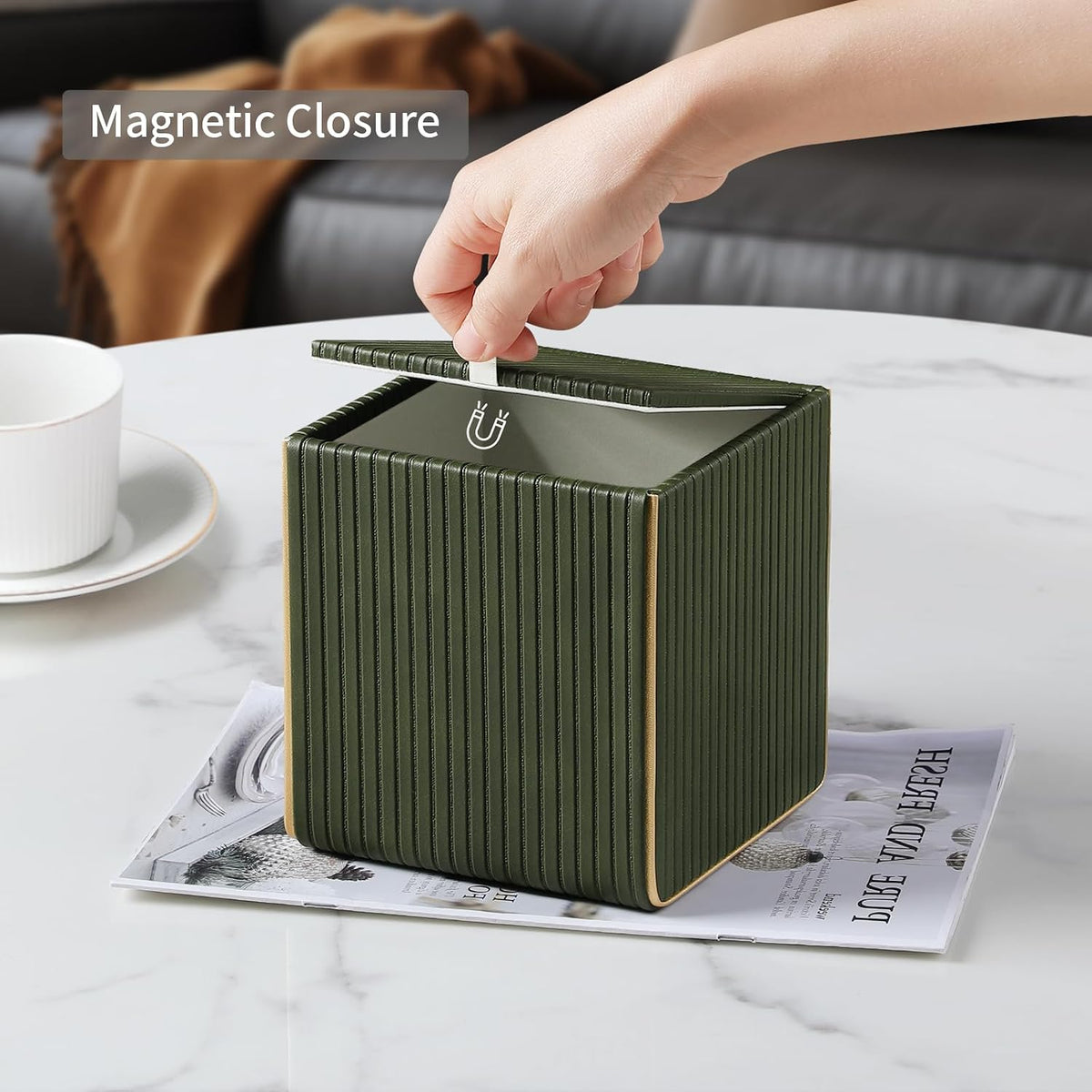 Square PU Leather Tissue Box Cover with Magnetic Closure, Decorative Tissue Holder & Storage Container for Bedroom, Living Room, Dining Room, Bathroom, Countertop, Desk (Square Green)
