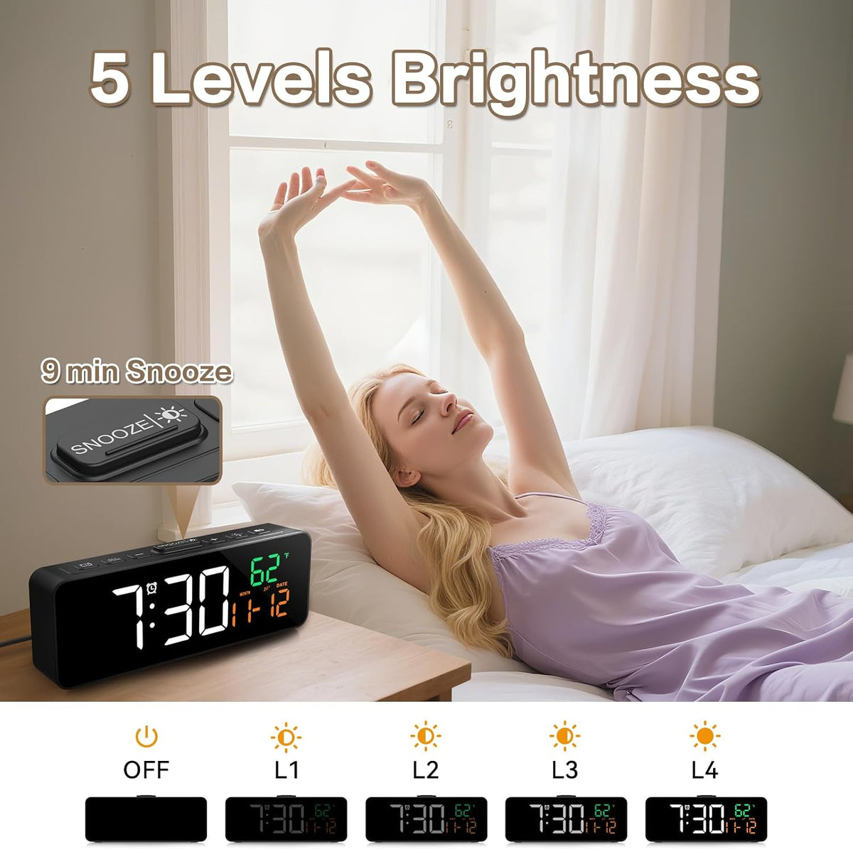 Netzu 3-in-1 Digital Clocks for Living Room, Small & Compact Alarm Clock
