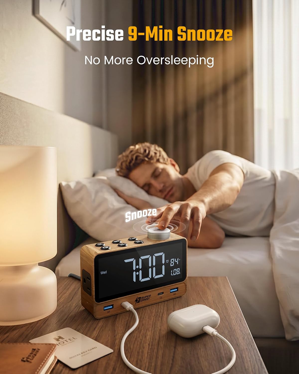 SUPERDANNY Alarm Clock with PD 20W, 4 USB Ports, Power Strip 2AC Outlets