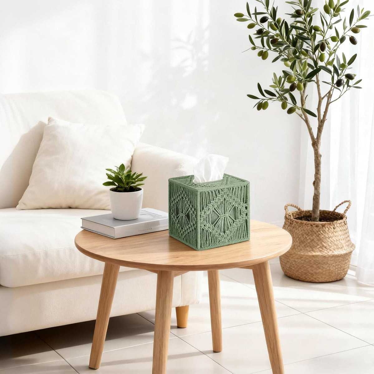 Mkono Tissue Box Cover Square, Boho Macrame Decor Open-Bottom Holder, Green