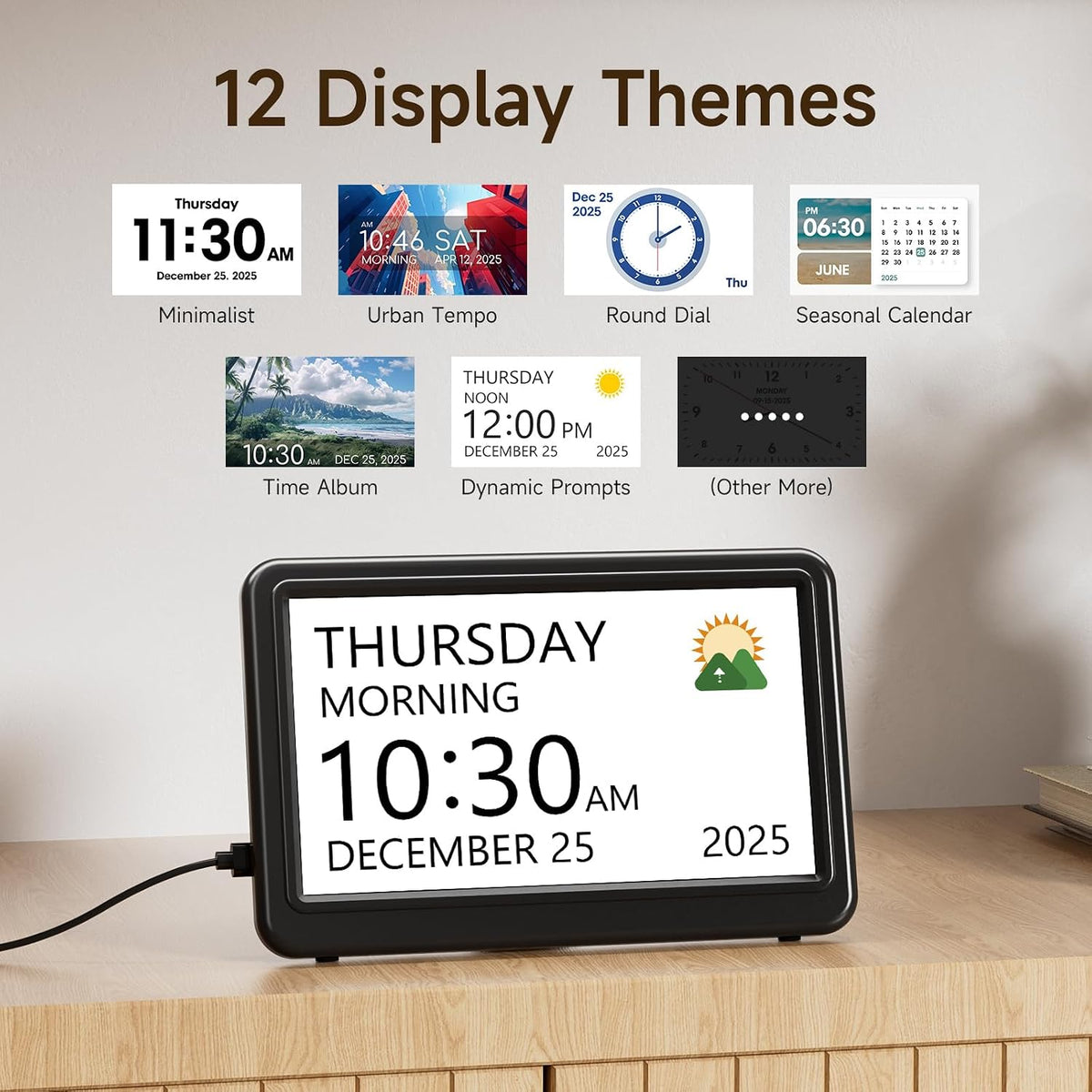 Raynic Date Clock, Digital Clock with 12 Themes, 20 Alarms, 20 Reminders, Semi-Automatic Dimming, 12/24 Hours, Auto DST Clock for Seniors Desktop, Office, Students (Black, 7 Inches)