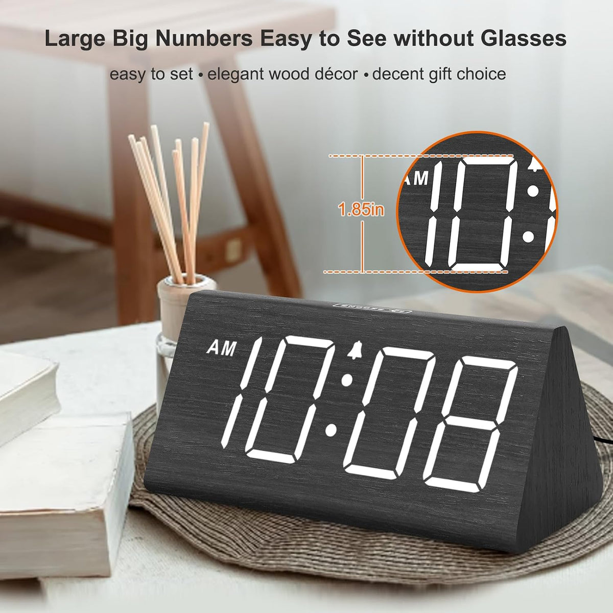 DreamSky Wooden Digital Alarm Clock for Bedroom Living Room, Large Numbers