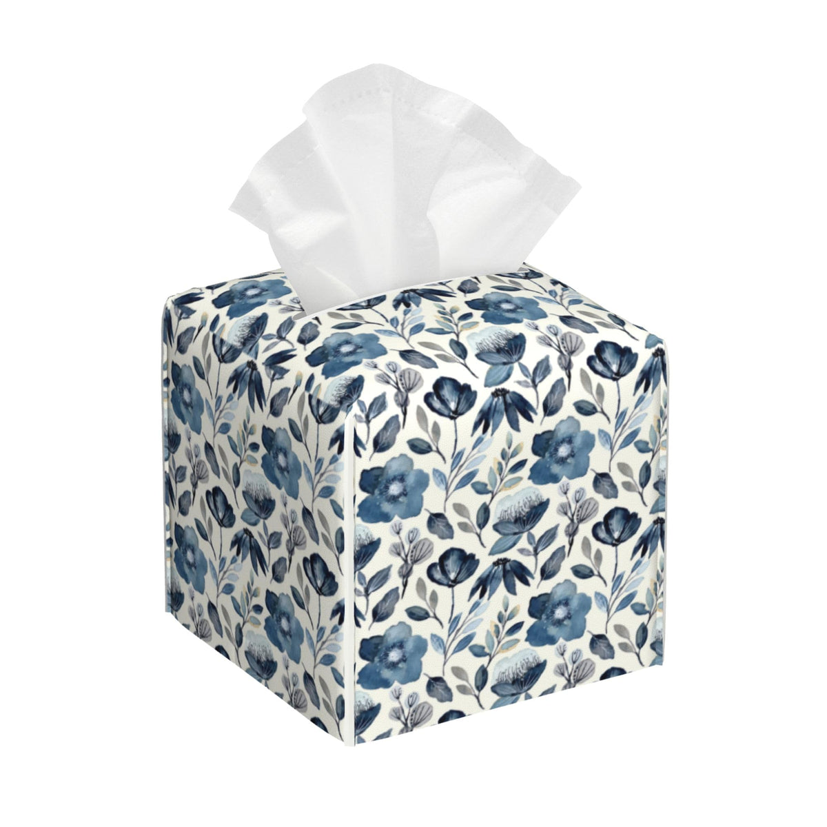 Eucalyptus Leaves and Flowers Tissue Box Cover Square,Watercolor Green Leaves Branches Tissue Box Holder Waterproof Leather Facial Paper Organizer Dispenser for Bathroom Home Car Nightstand Vanity