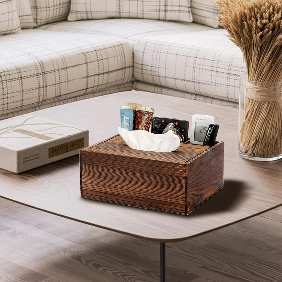 Sumnacon Wood Rectangular Tissue Box Cover - Multifunctional Tissue Holder with Stationery Remote Control Box, Decorative Tissue Pen Remote Organizer for Desktop Livingroom Bedroom Home Office, Yellow