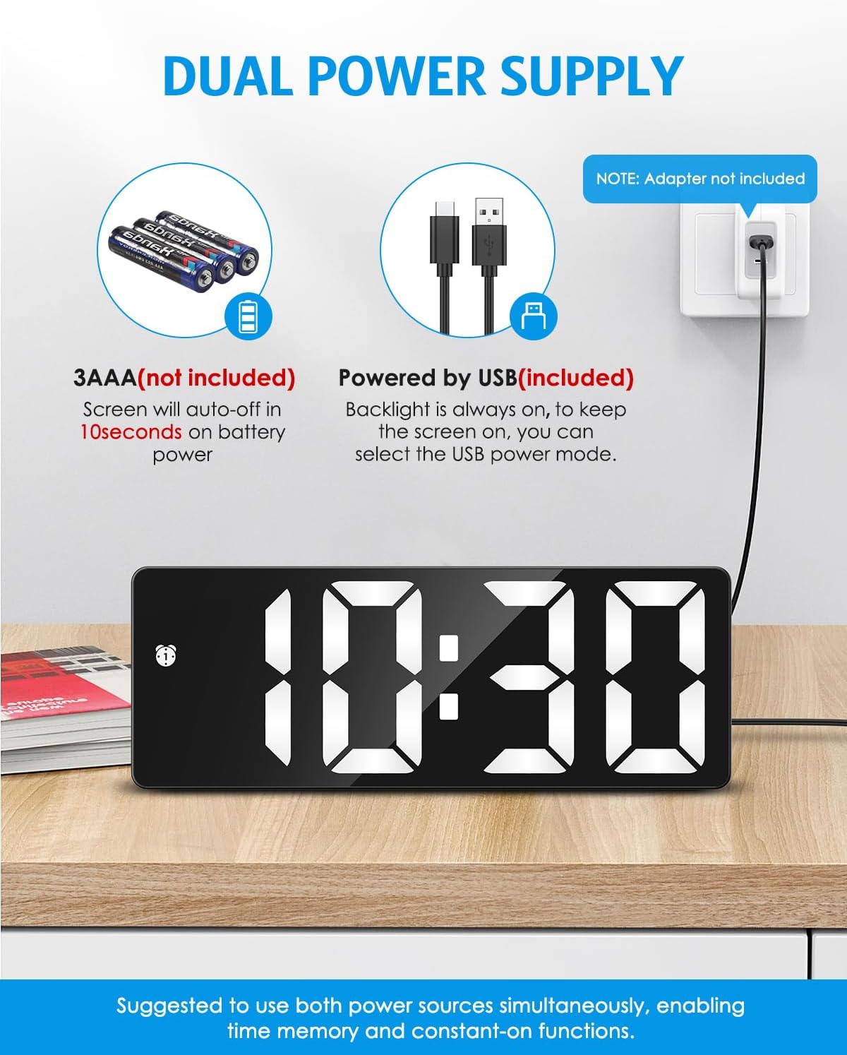 AMIR Digital Alarm Clock, Large Display LED Bedside Clock for Bedroom