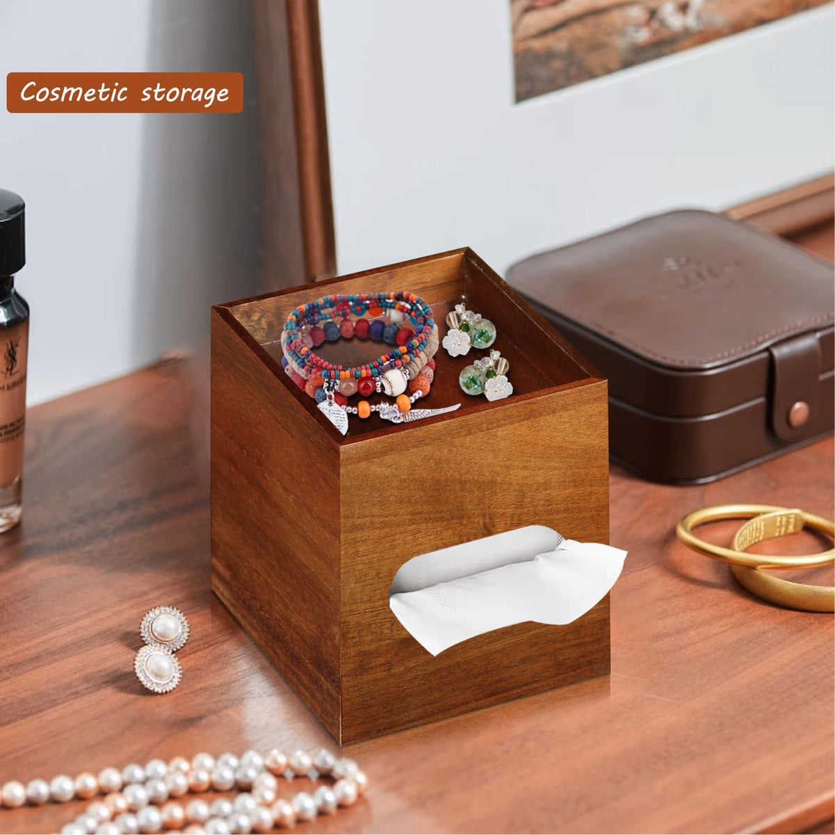 Square Tissue Box Cover with Storage Tray, Acacia Wood Tissue Box Holder