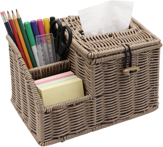 Woven Tissue Box Cover Square, Tissue Box Holder, Tissue Box Cover with Storage, Tissue Box Holder Remote Organizer, Bedside Nightstand Organizer for Bedroom/Bathroom/Office/Kitchen Countertop