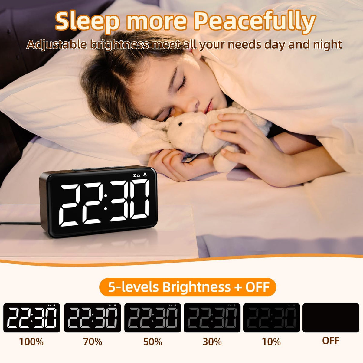 Simple Woodgrain Digital Alarm Clock For Bedrooms - 5.9in Large LED Display