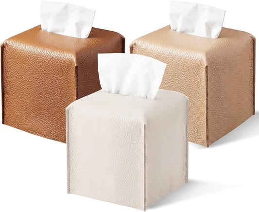 3 Pcs Tissue Box Cover Square PU Leather Tissue Box, Caramel Color