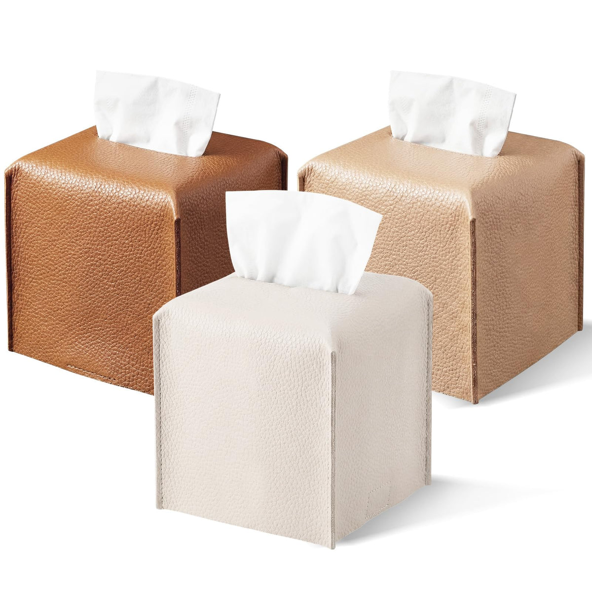 3 Pcs Tissue Box Cover Square PU Leather Tissue Box, Caramel Color