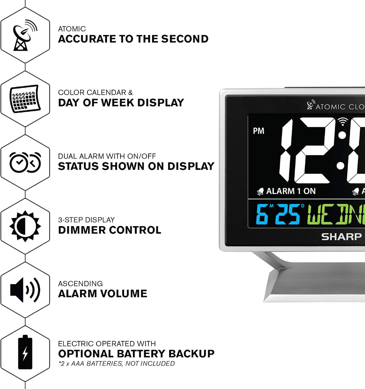 Sharp Atomic Alarm Clock, Auto Set, Color Display, Dual Alarm, Calendar