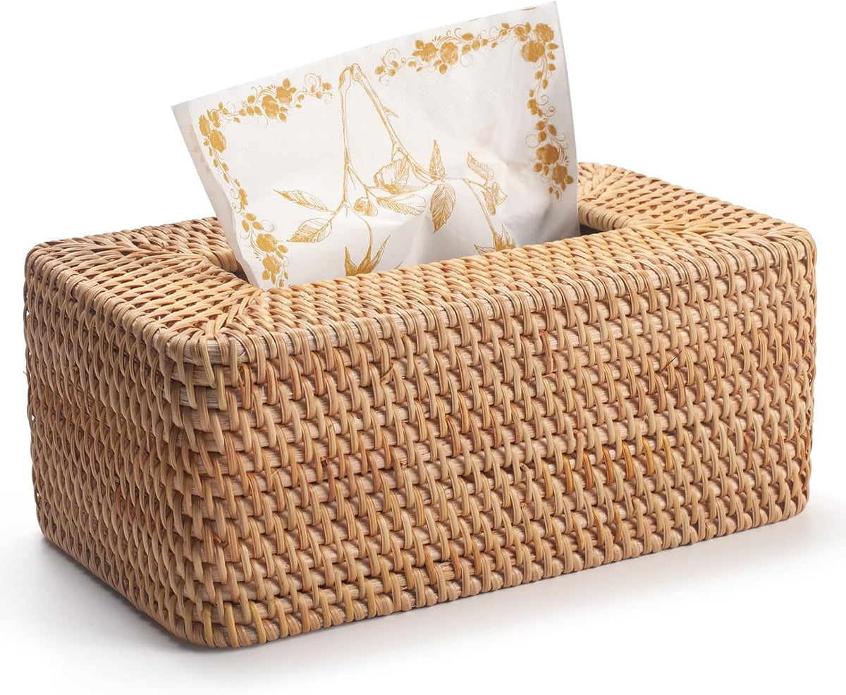 Rattan Tissue Box Cover, Rectangular Wicker Tissue Box Holder, Decorative Woven Facial Tissue Holder for Bathroom, Kitchen, Living Room, Bedroom (Natural, 10.2 x 6.1 x 4.1 inch)