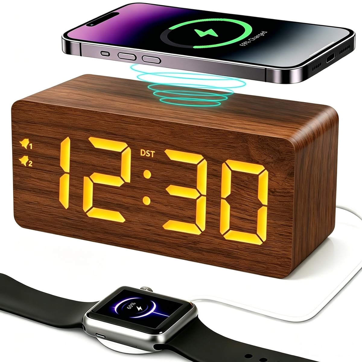URAYCO Wooden Digital Alarm Clock, 10W Fast Wireless Charger Station & 2 USB Charging Ports, with 0~99% Dimmer, Dual Alarm, Weekday/Weekend Mode, Wood LED Clock for Bedroom, Desk, Office